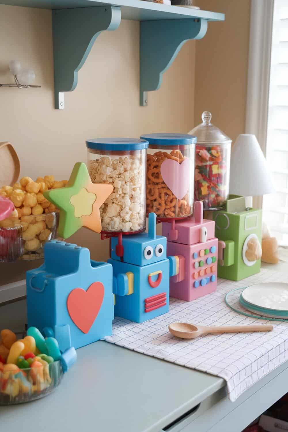 Colorful canisters in fun shapes for kids' snacks on a kitchen counter.