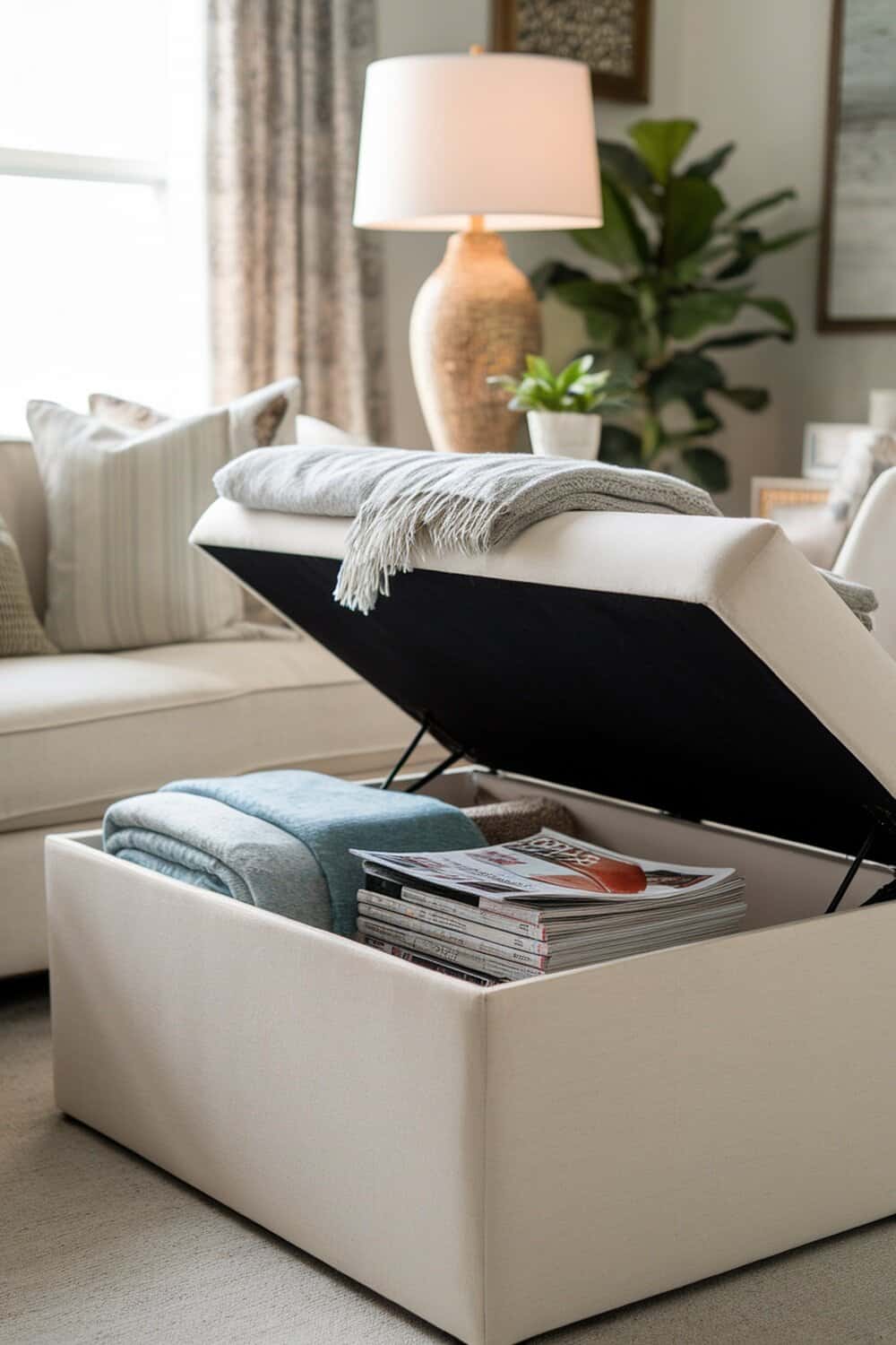 A stylish storage ottoman with a blanket and magazines inside, placed in a cozy living room.