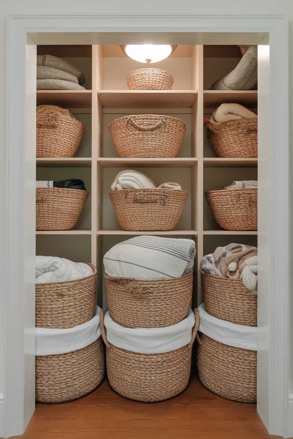 A neatly organized closet featuring woven baskets filled with soft goods.