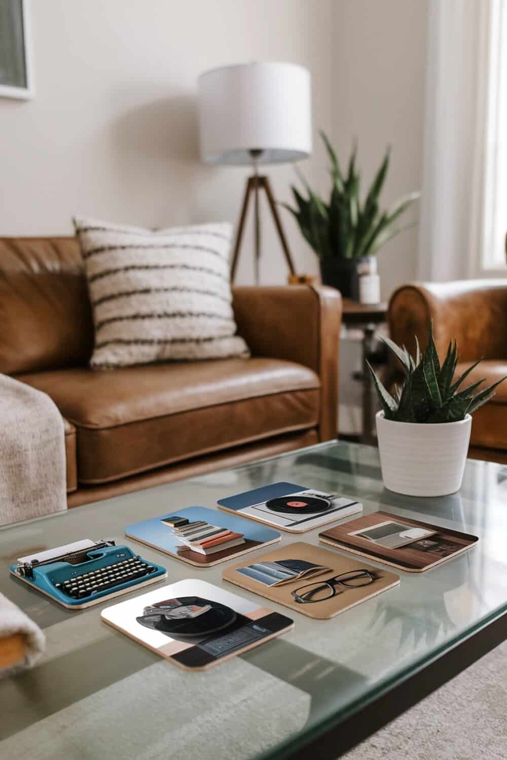 A set of personalized coasters featuring various images on a glass table.