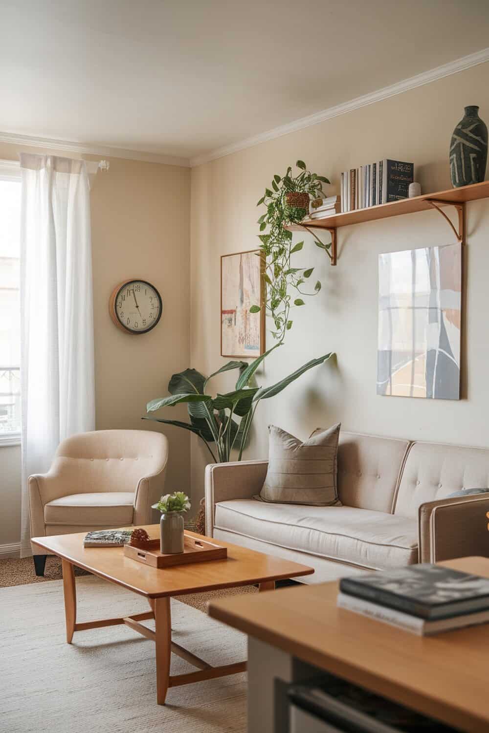 A cozy living room with a sofa, armchair, coffee table, and plants, showcasing a clean and organized space.