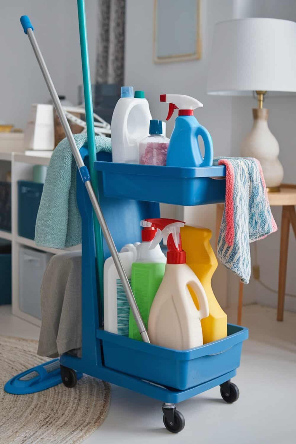 A blue rolling cart filled with various cleaning supplies, including spray bottles and cleaning solutions.