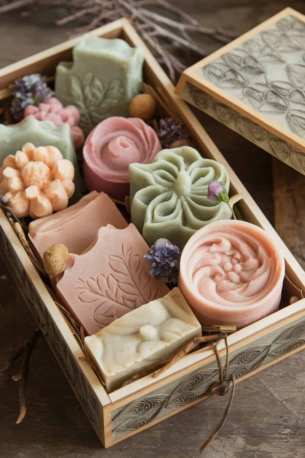 A beautifully arranged set of colorful handmade soaps in a decorative box.