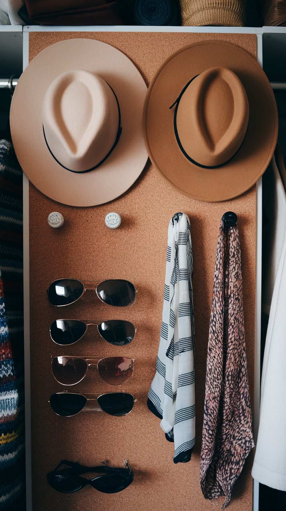 A corkboard displaying hats, sunglasses, and scarves in a closet.