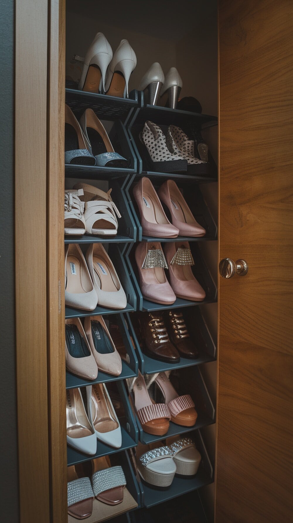 A vertical shoe storage setup showcasing various pairs of shoes neatly arranged.