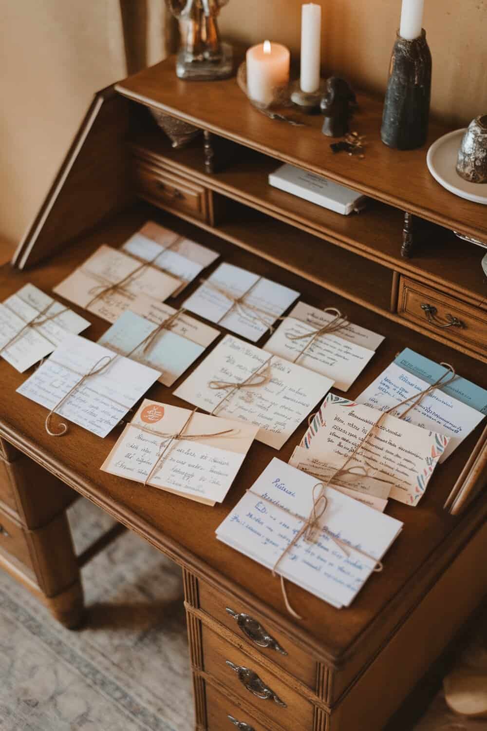 A collection of handwritten love letters tied with twine on a wooden desk.