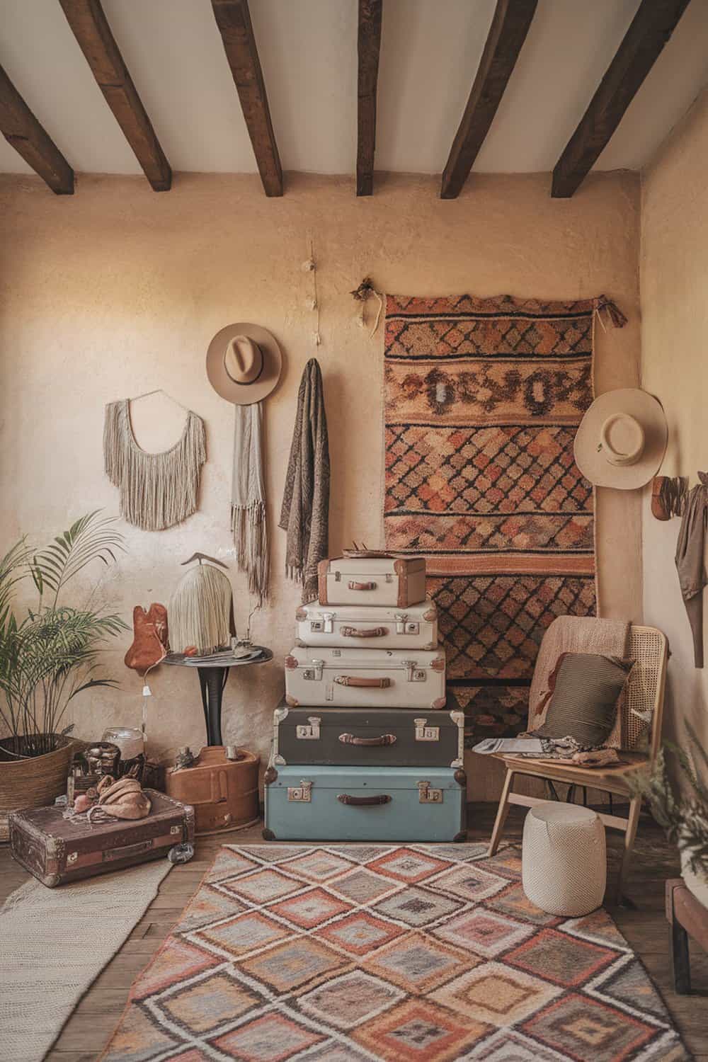 A cozy room featuring vintage suitcases stacked for storage, along with decorative hats and plants.