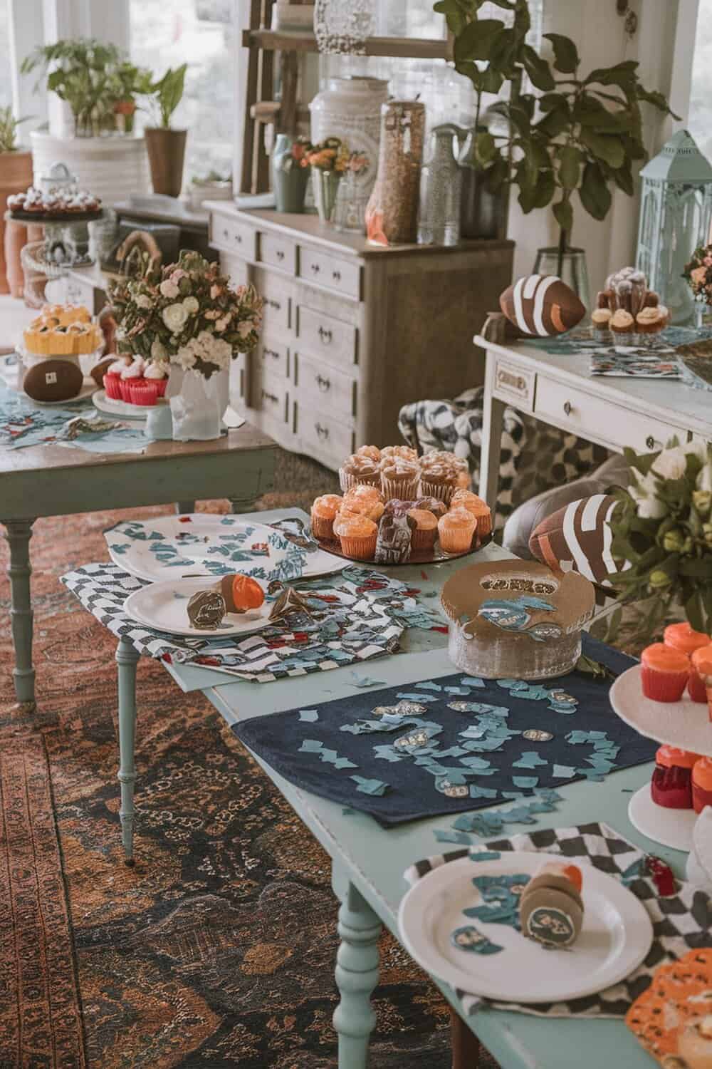 A festive table setting with football-themed confetti and treats for a party.