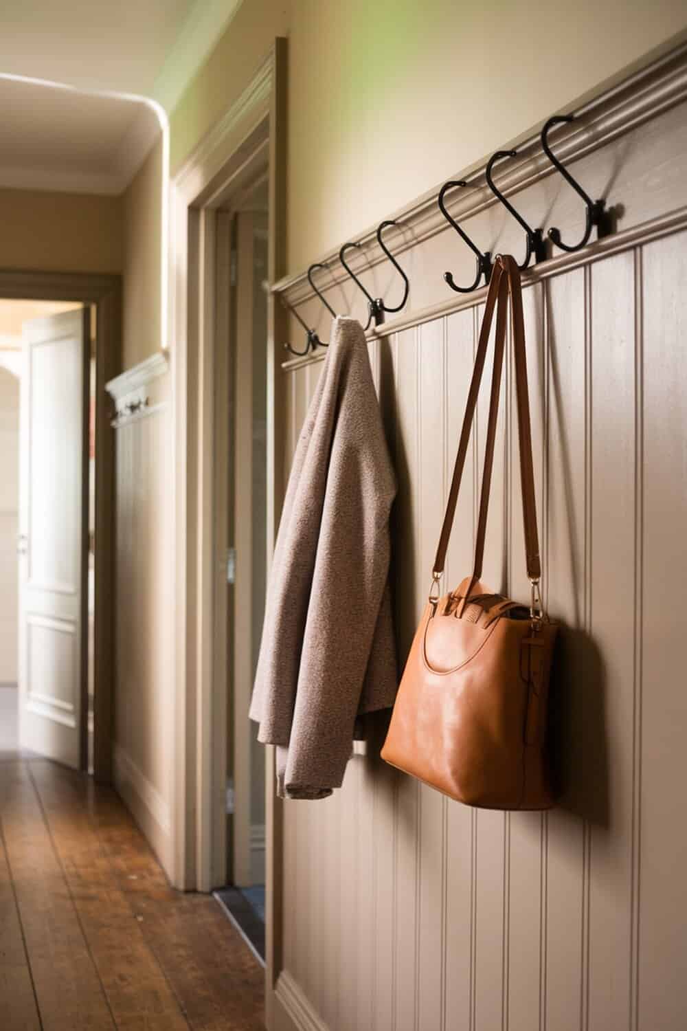 A hallway with wall-mounted hooks displaying a coat and a handbag.