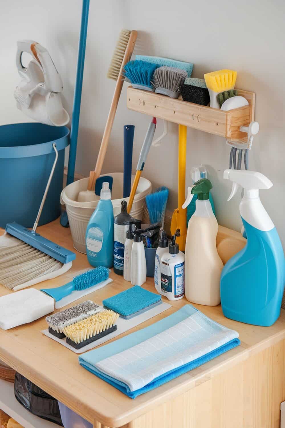 A well-organized cleaning supply station with various cleaning tools and products.