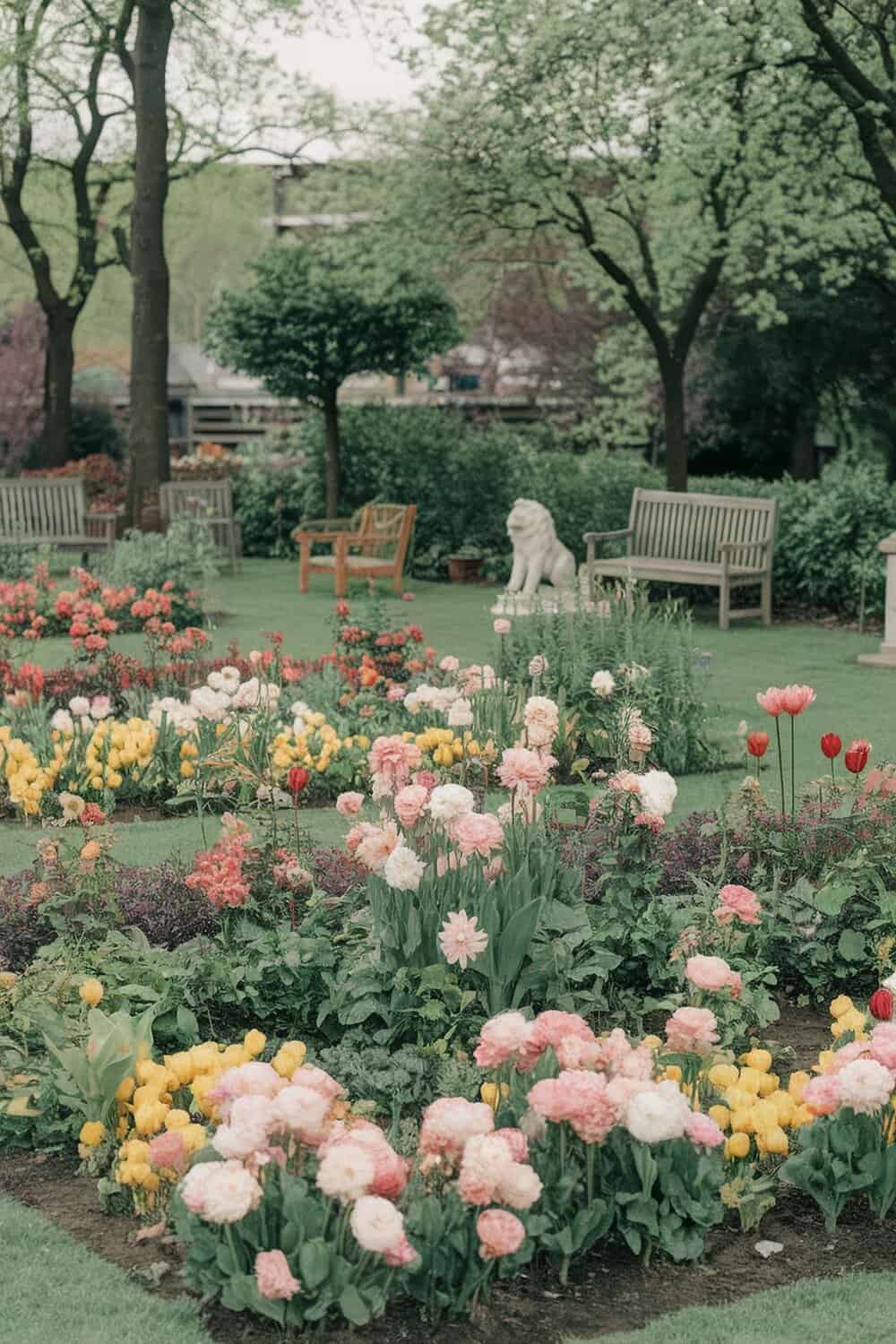 A vibrant garden filled with colorful flowers and wooden benches.