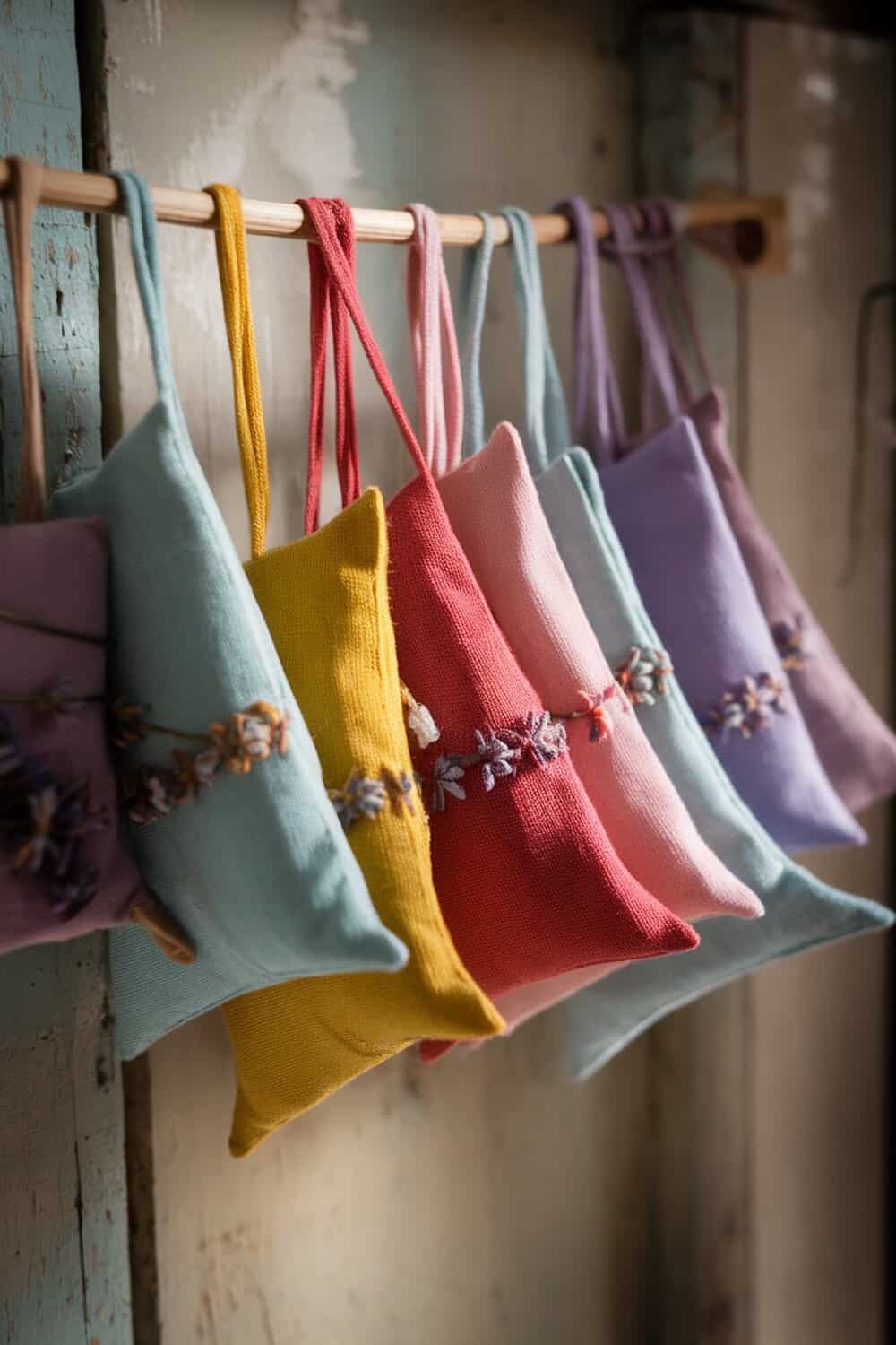 Colorful scented sachets hanging on a wooden rod.