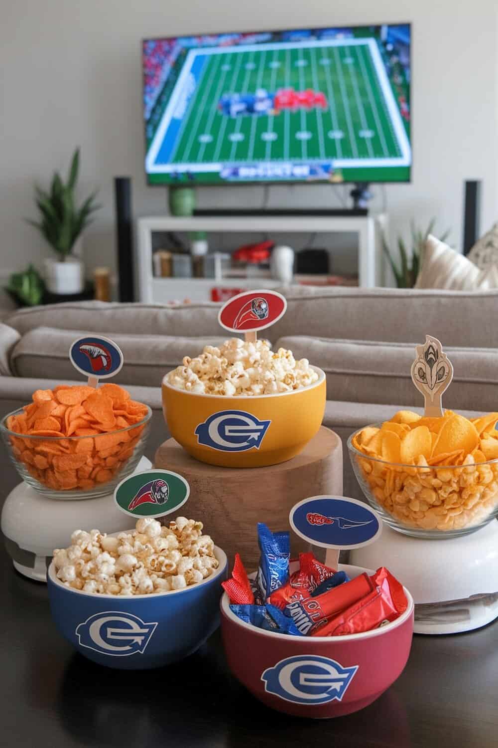 Colorful snack bowls with customized labels for a Super Bowl party.