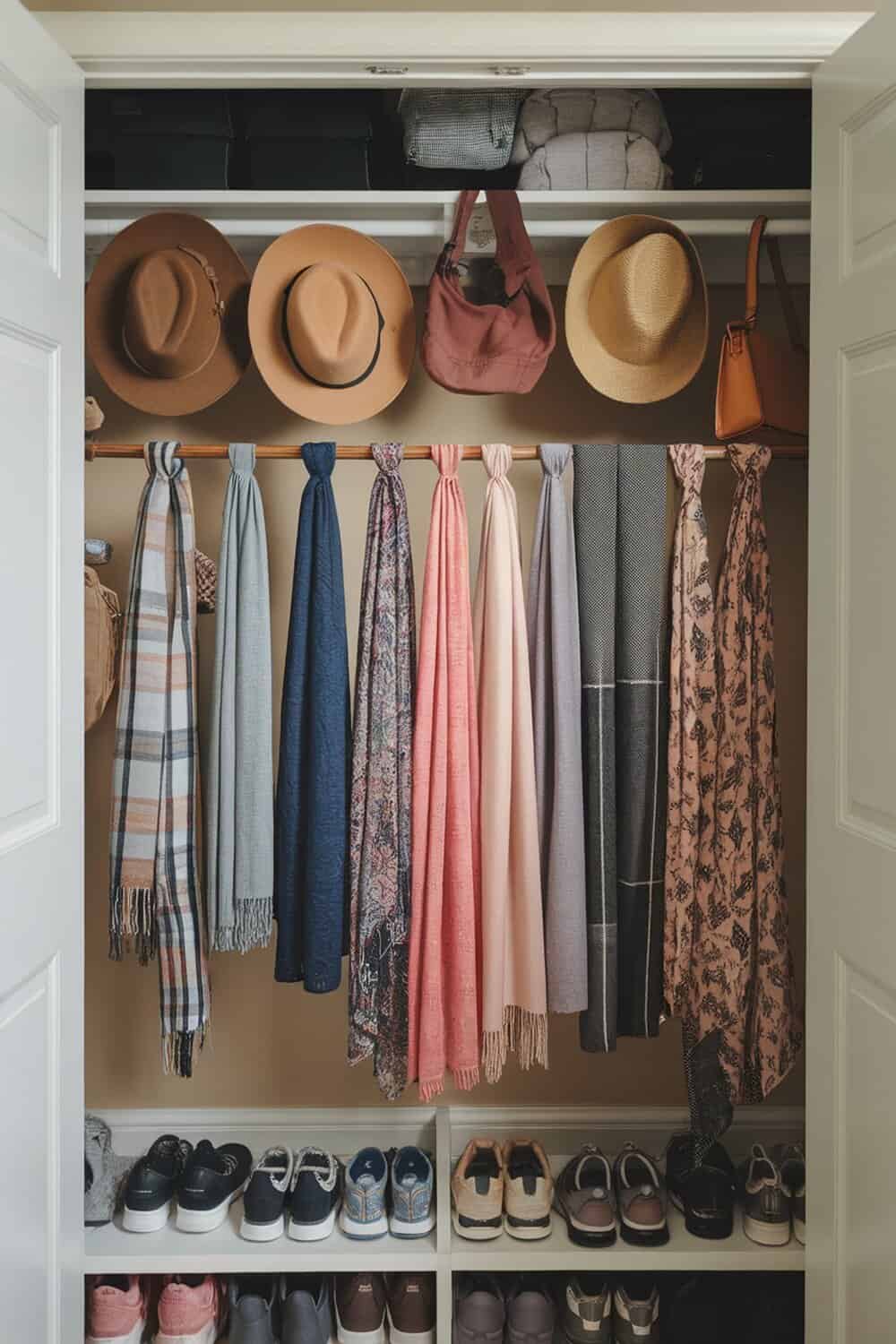 A closet with hats and scarves hanging on tension rods.