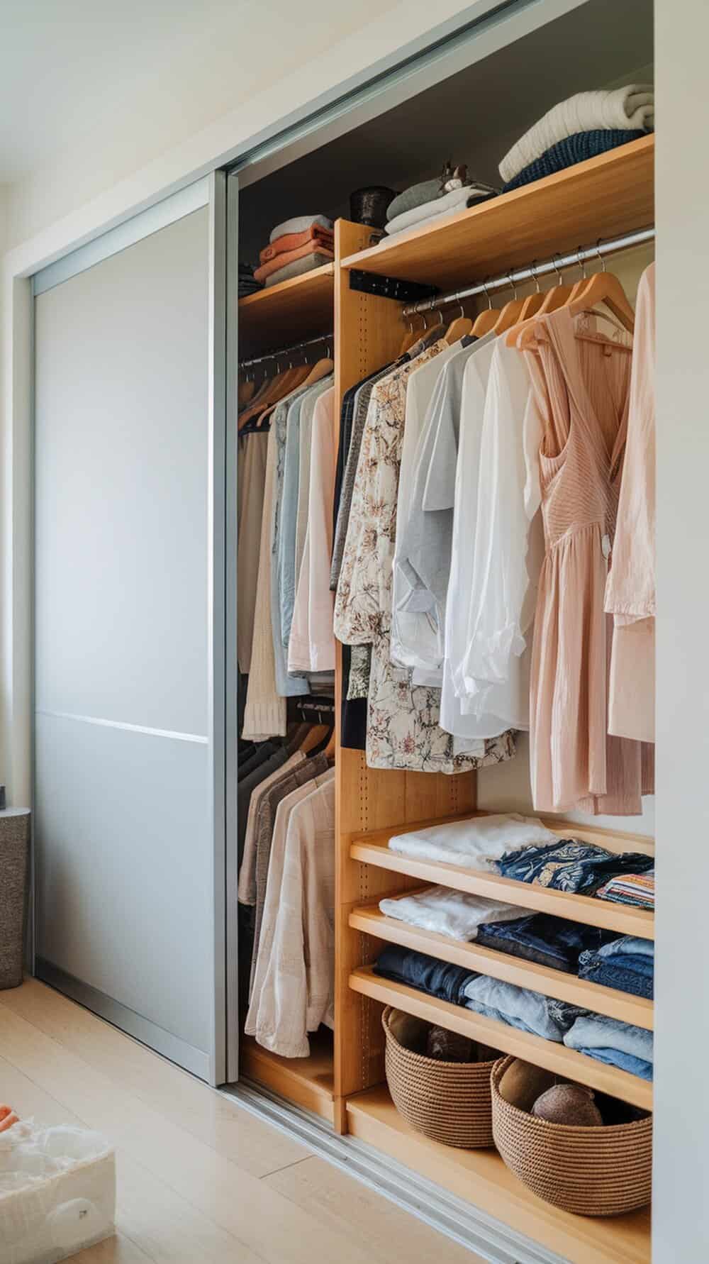 A closet with bamboo shelving units displaying neatly organized clothes and accessories.