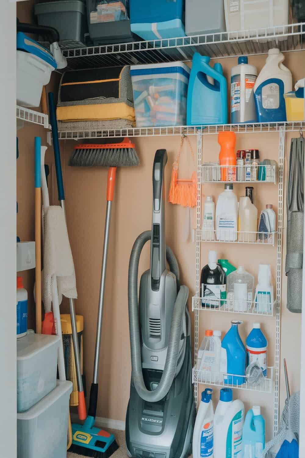 Organized closet with a vacuum cleaner and cleaning supplies.