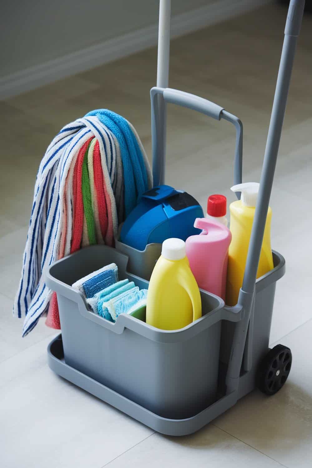 A gray cleaning caddy with colorful cleaning supplies and mops organized neatly.