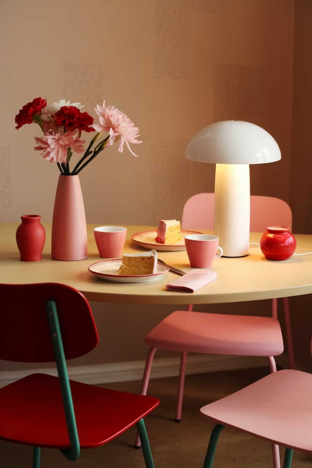 A cozy Valentine's table setting with warm colors, featuring pink and red flowers, a soft lamp, and delicious cake.