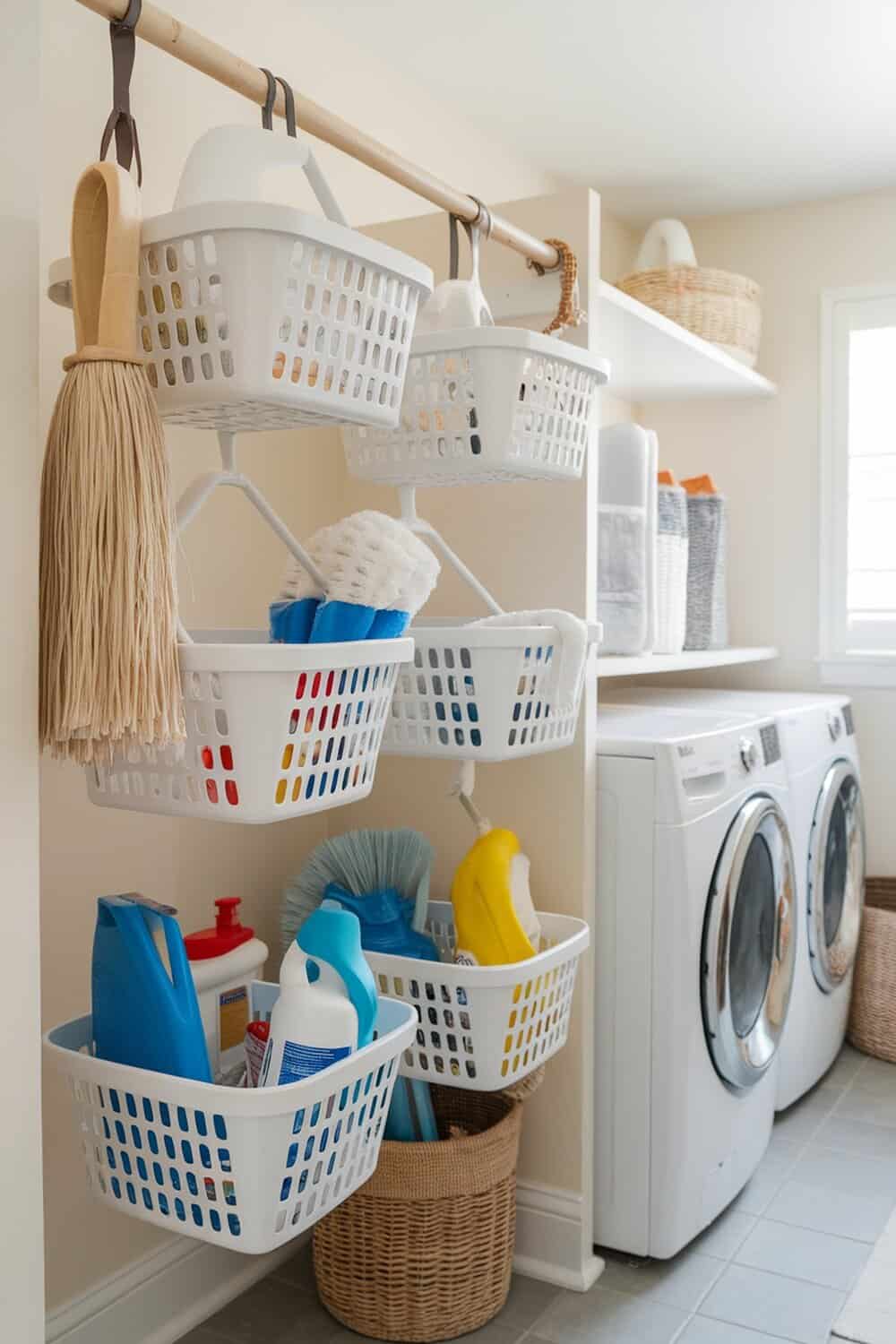 A neat arrangement of hanging storage baskets filled with cleaning supplies, including mops and sponges.