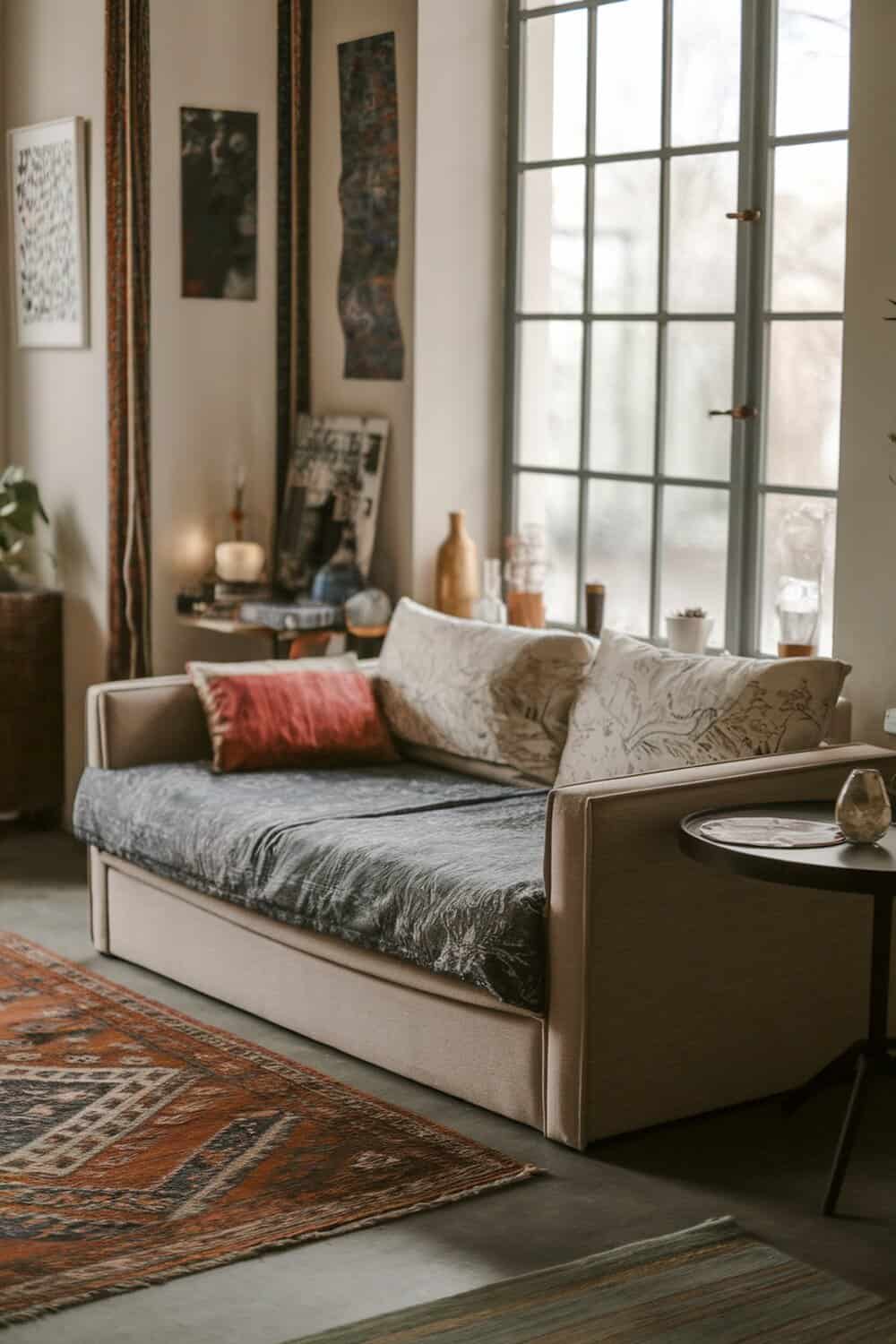 A cozy living room featuring a daybed with decorative pillows and a small side table.