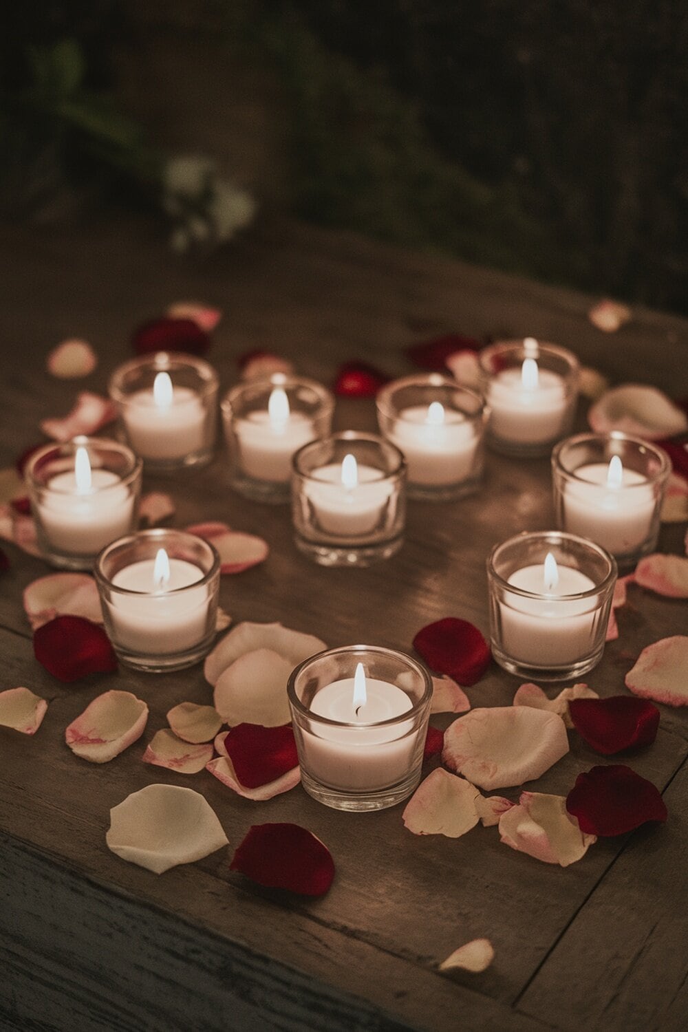 A heart-shaped arrangement of candles surrounded by rose petals.
