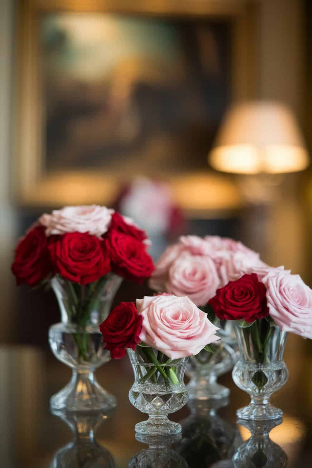 Charming floral arrangements with red and pink roses in crystal vases.