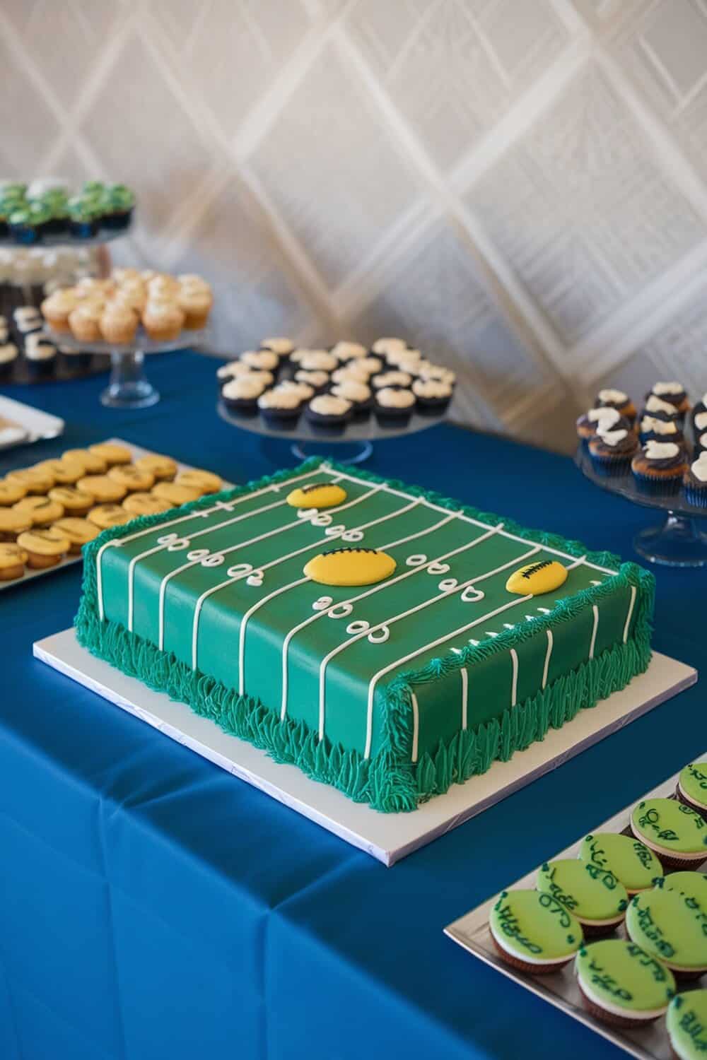 A football field themed cake decorated with green icing and football details, surrounded by cupcakes.