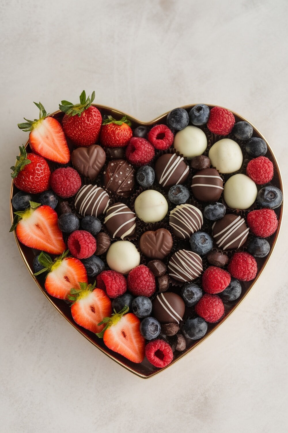 A heart-shaped platter filled with strawberries, blueberries, and assorted chocolates.