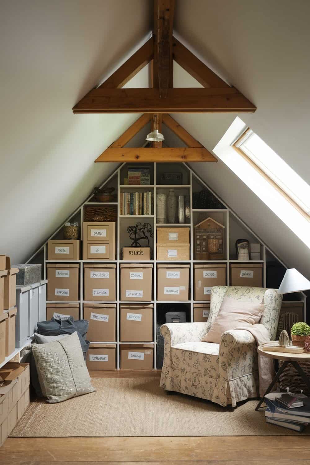 A well-organized attic with storage boxes, a cozy chair, and natural light.