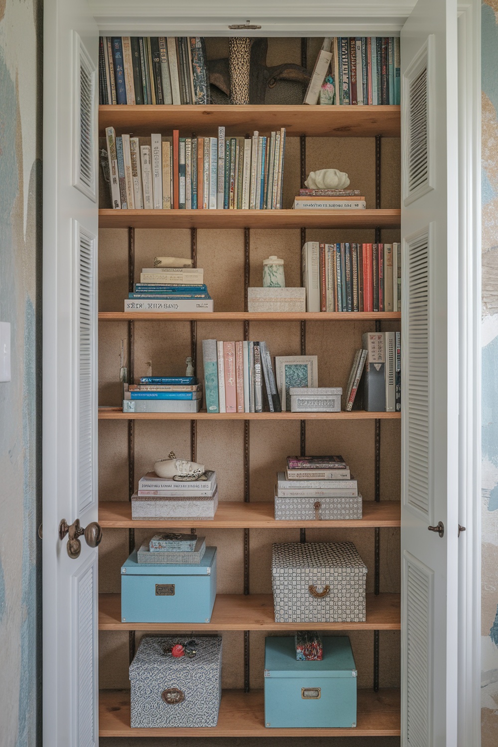 Tall bookshelf in a closet filled with books and decorative boxes.