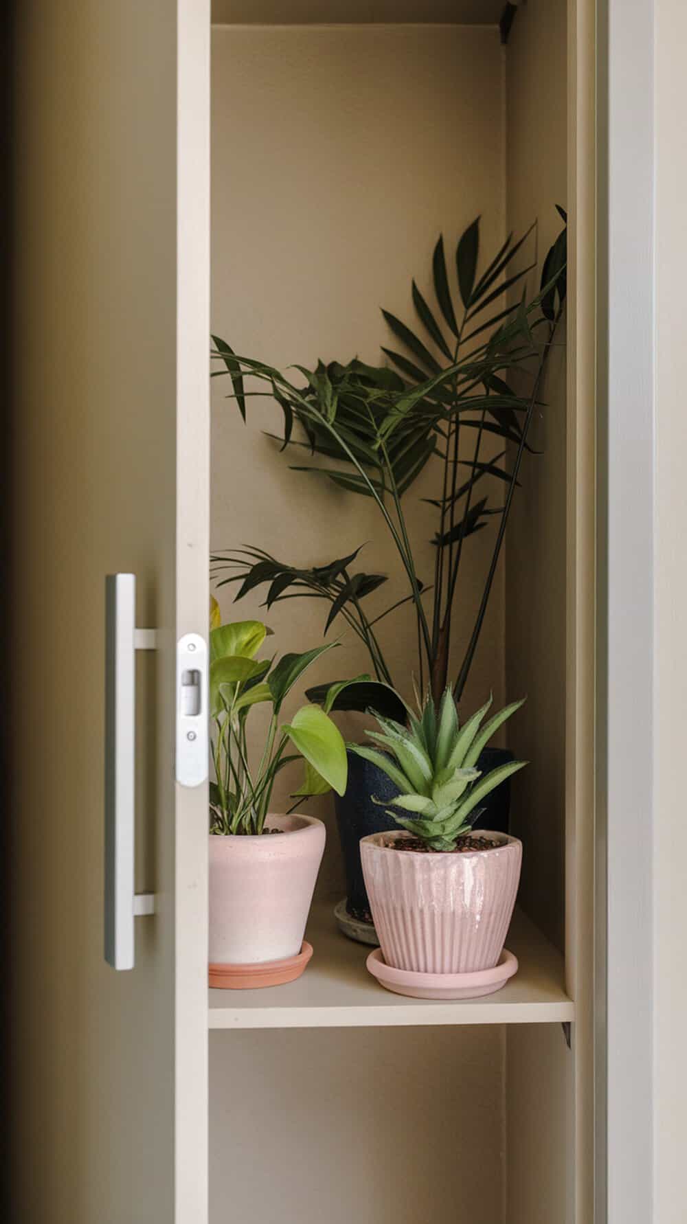 A small closet shelf with various potted plants, including a green leafy plant and a succulent.