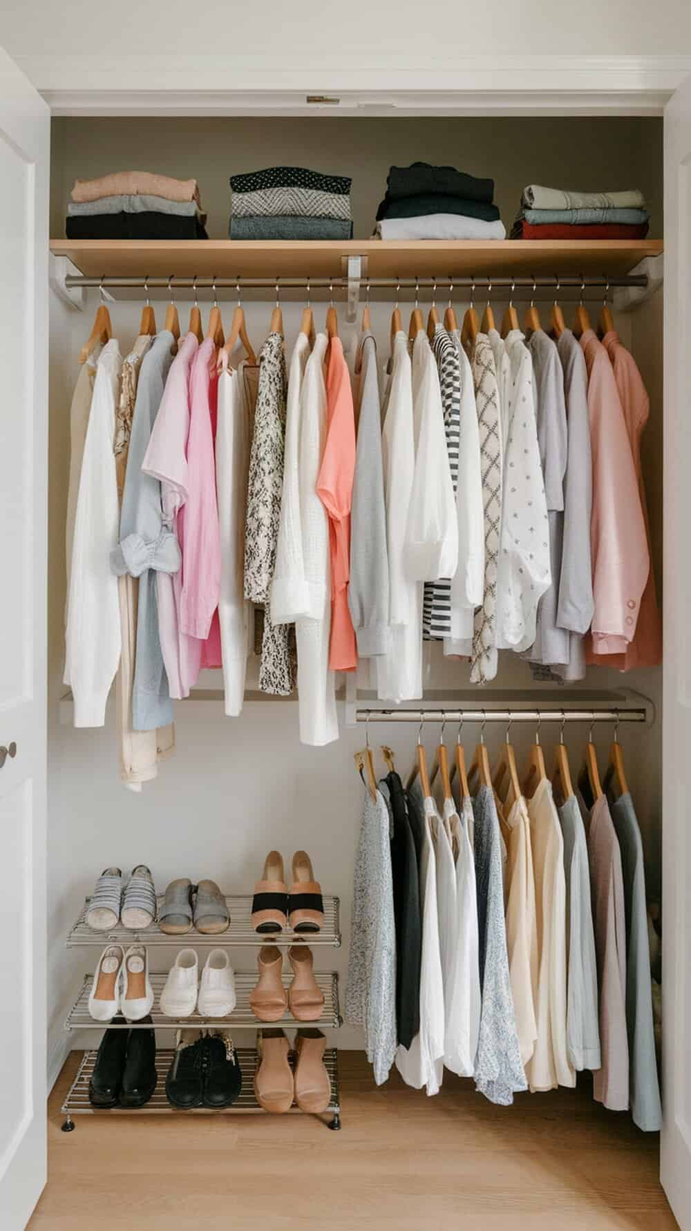 A neatly organized closet with a variety of clothing and shoes, showcasing a sustainable wardrobe capsule concept.