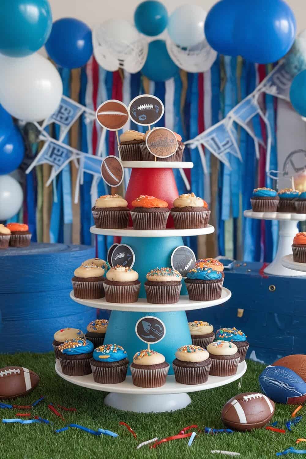 A colorful DIY cupcake stand featuring football-themed cupcakes, perfect for a Super Bowl party.