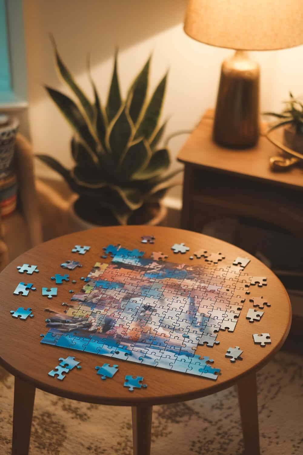 A partially completed puzzle on a wooden table with scattered pieces around it.