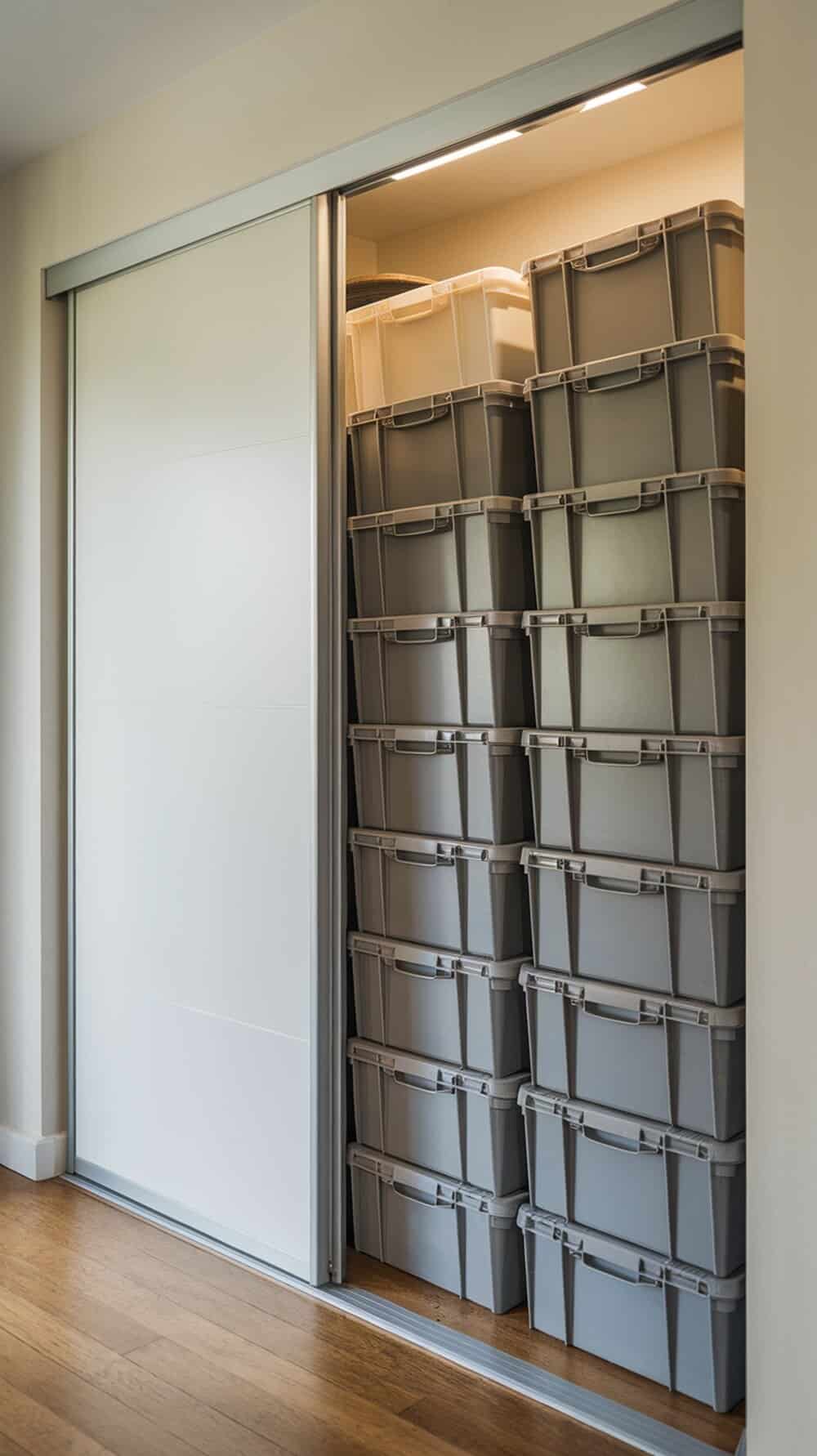 A neat closet with stacked foldable storage bins.