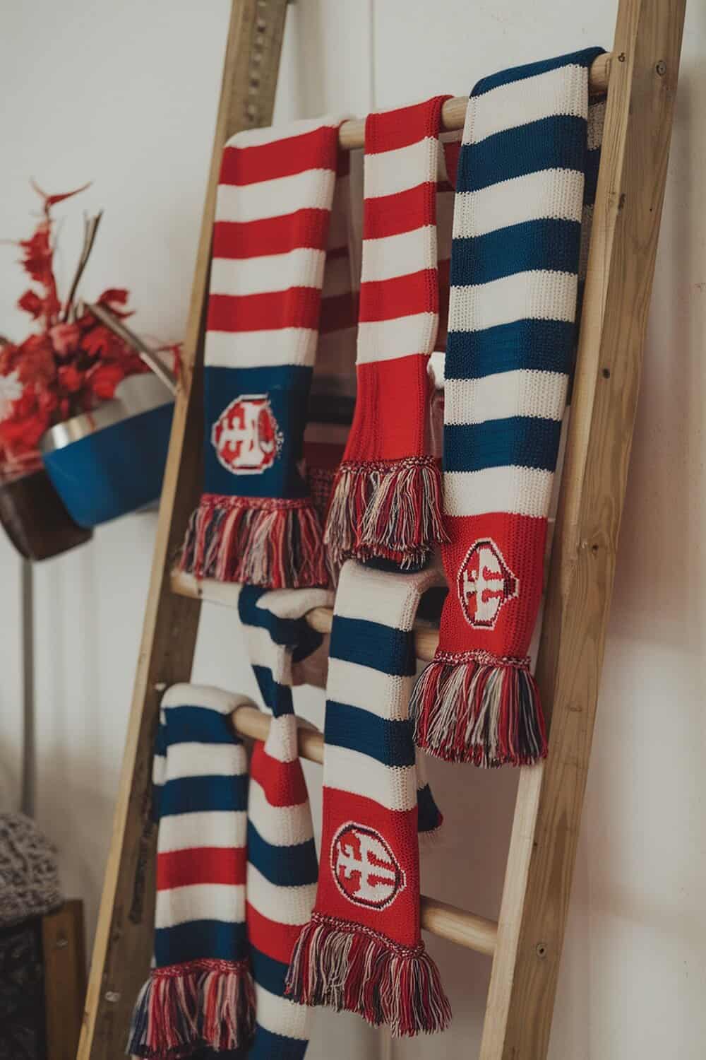 Colorful team scarves hanging on a wooden ladder.