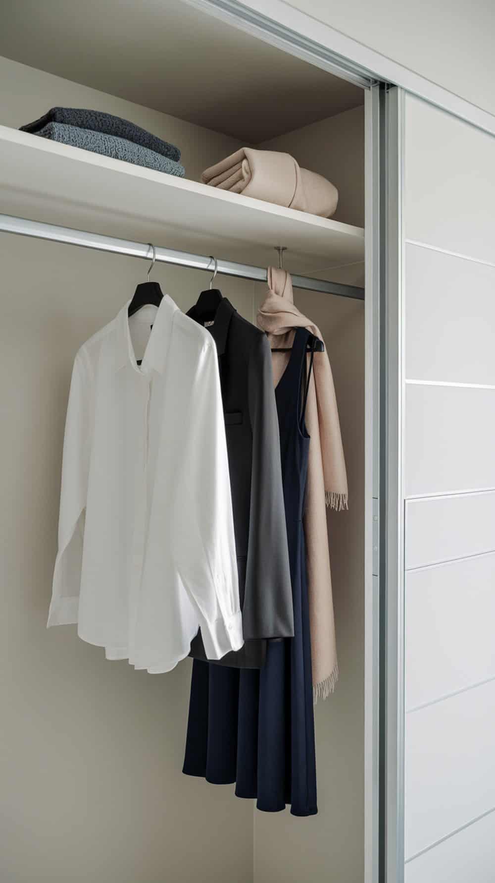 A minimalist closet with neatly hung clothes and folded items on a shelf.