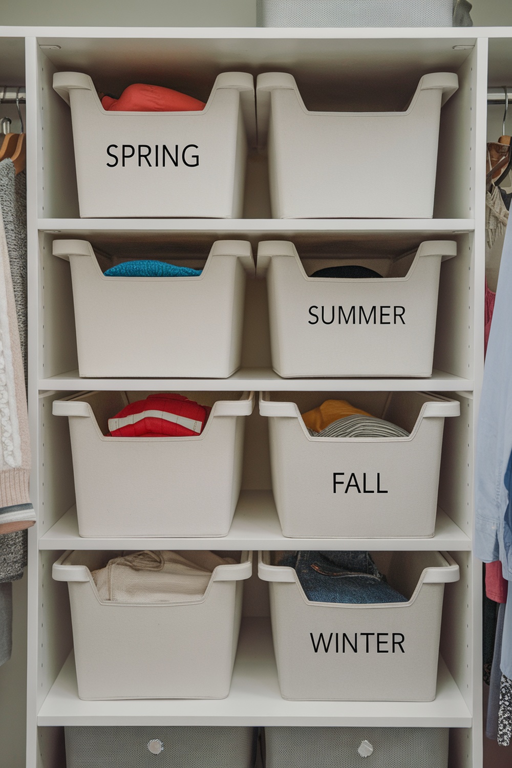 Stackable bins labeled for each season filled with clothing.