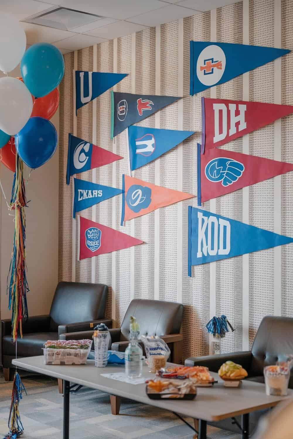 Colorful team logo pennants displayed on a wall with balloons and snacks.