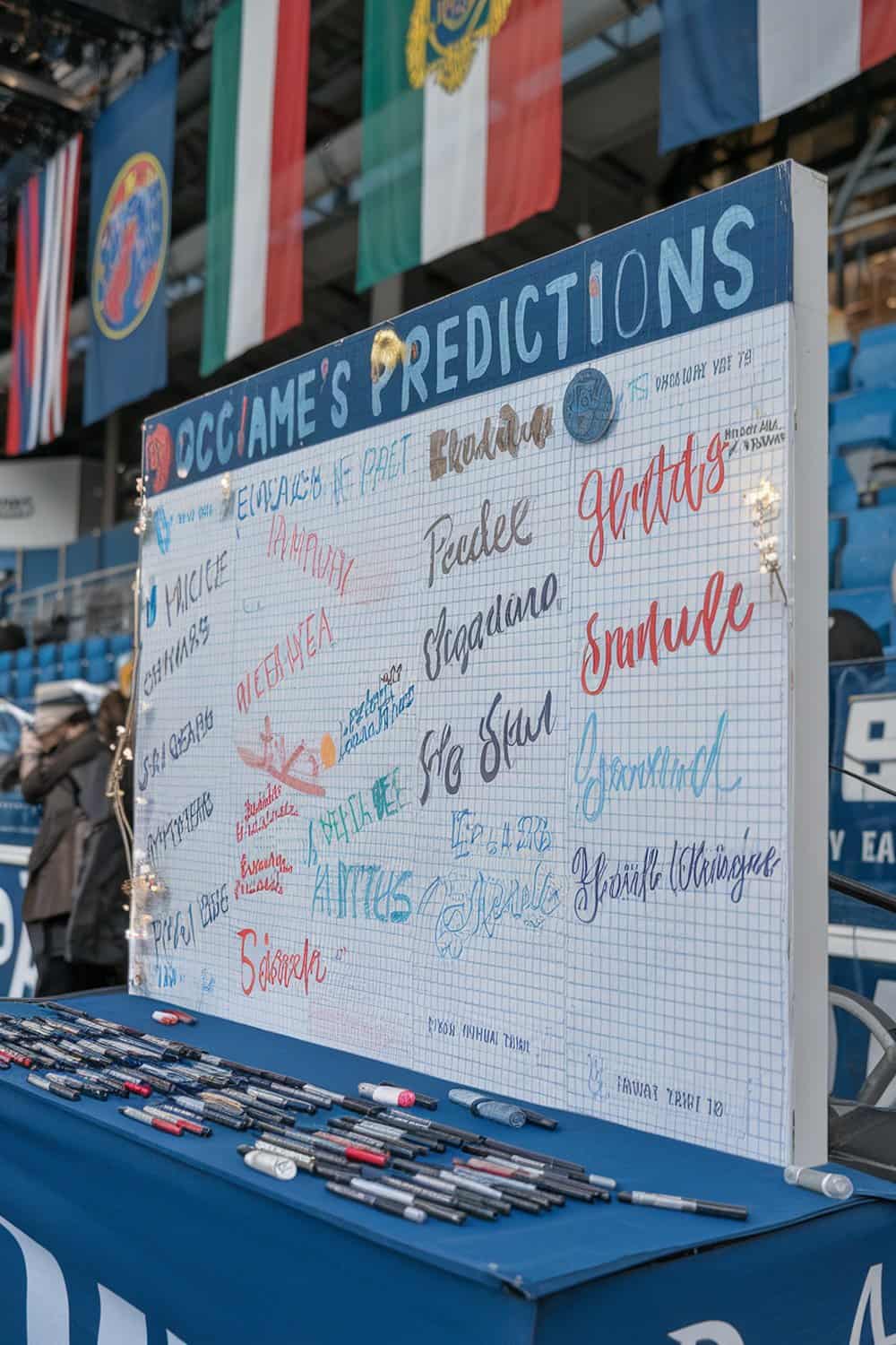 A scoreboard with colorful writing and pens for customization.