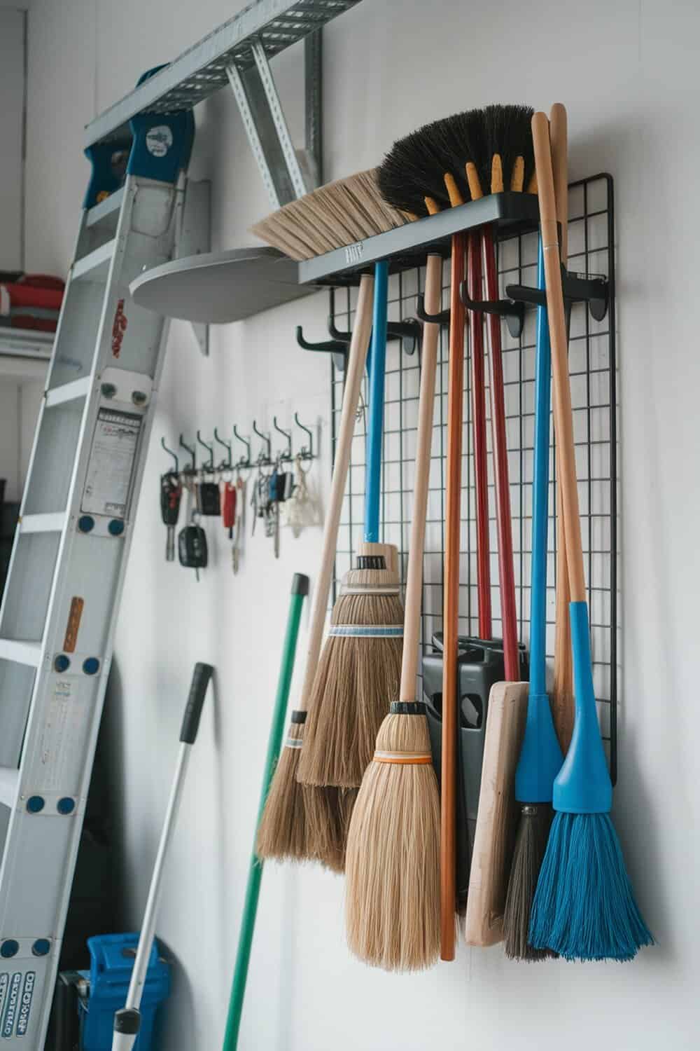 A wall-mounted rack displaying various brooms and mops, showcasing an organized cleaning supply area.