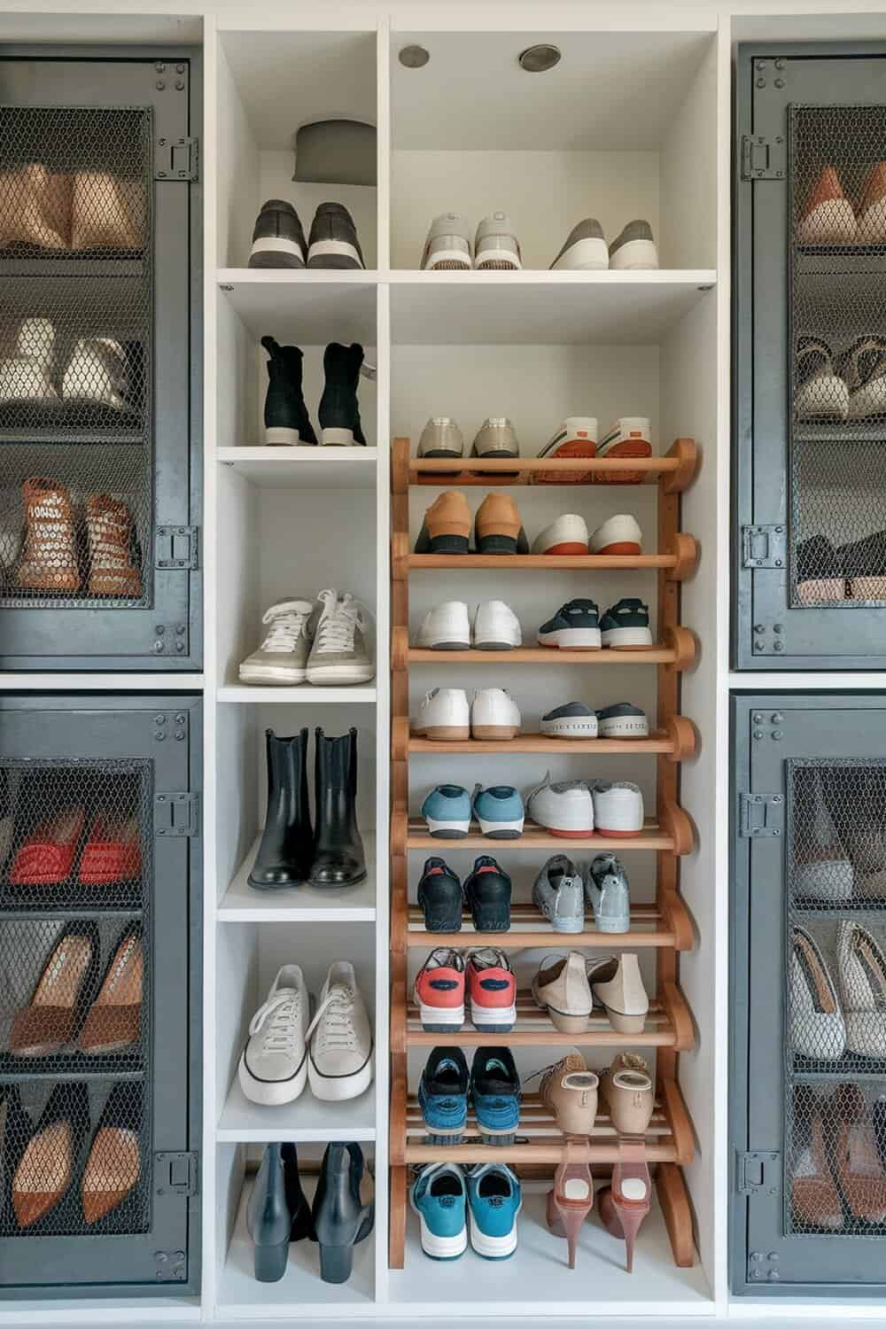 A well-organized shoe storage solution featuring shelves and a wooden shoe rack.