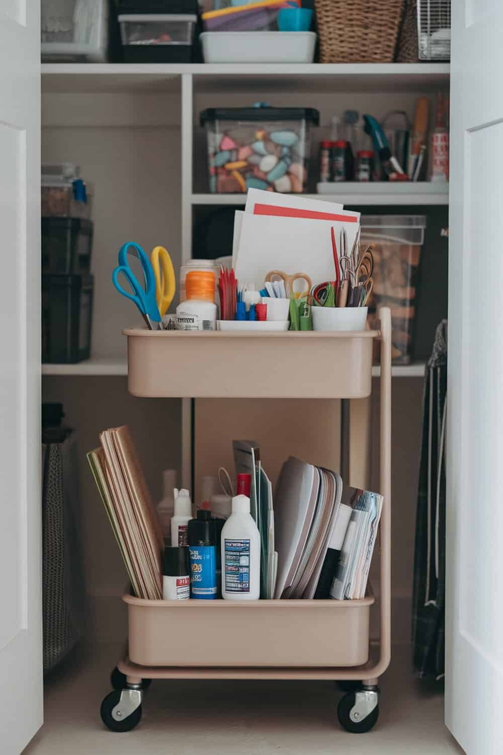 A rolling cart filled with various craft supplies, including scissors, glue, and paper, stored in a closet.