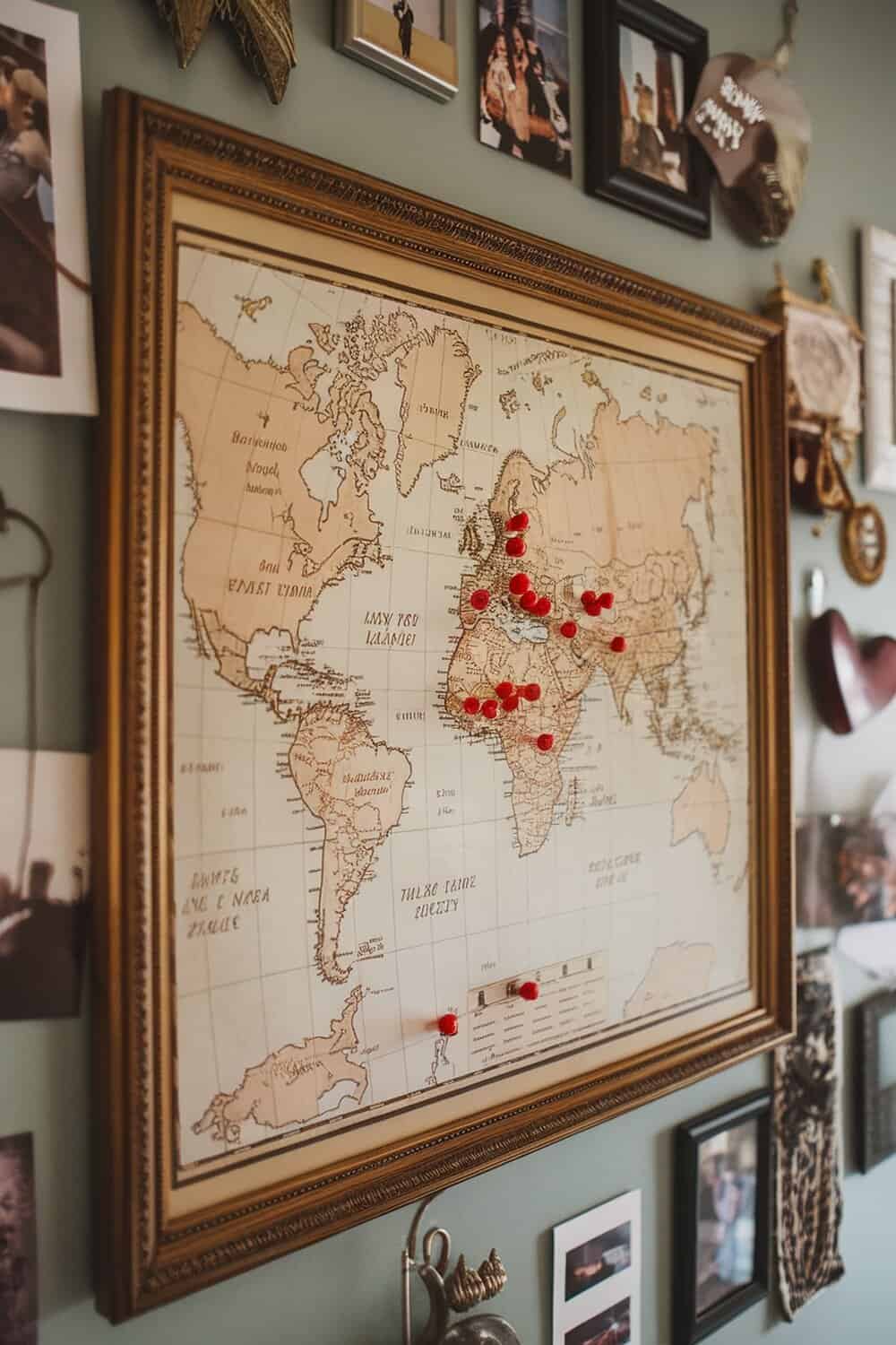 A vintage map with red pins marking various locations, surrounded by framed photos.