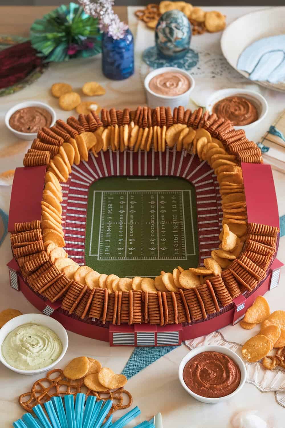 A creative snack stadium made from chips and dips, featuring a football field design.