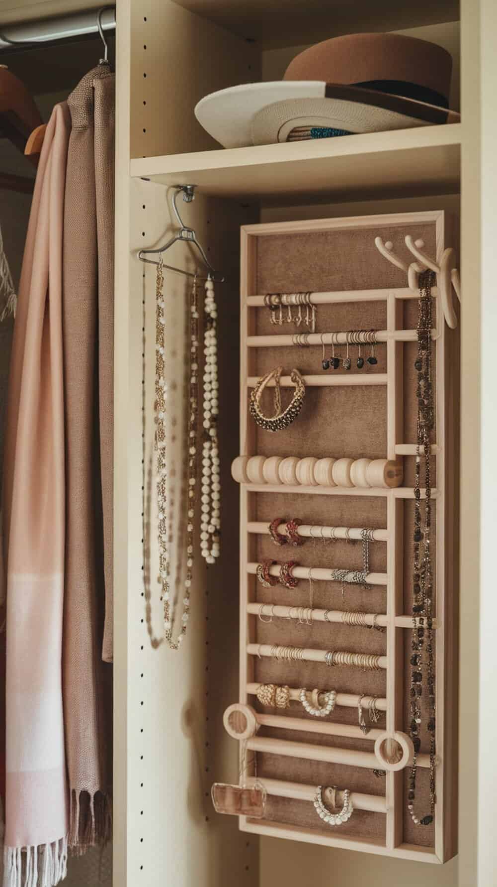 A wooden jewelry organizer with various necklaces and earrings displayed.