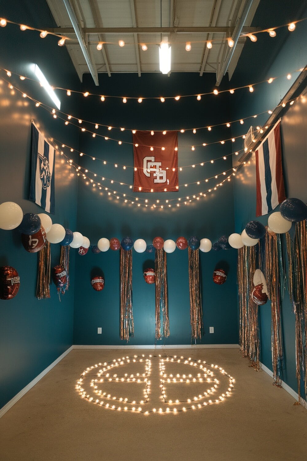 DIY team color fairy lights for Super Bowl party decoration.