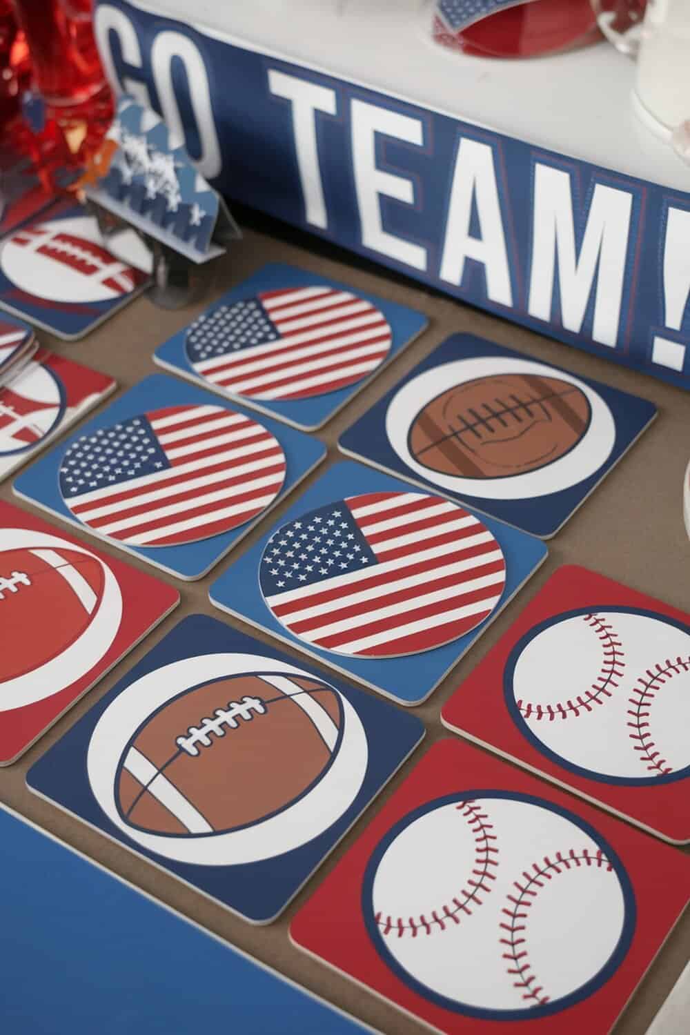 Customized coasters featuring football and American flag designs