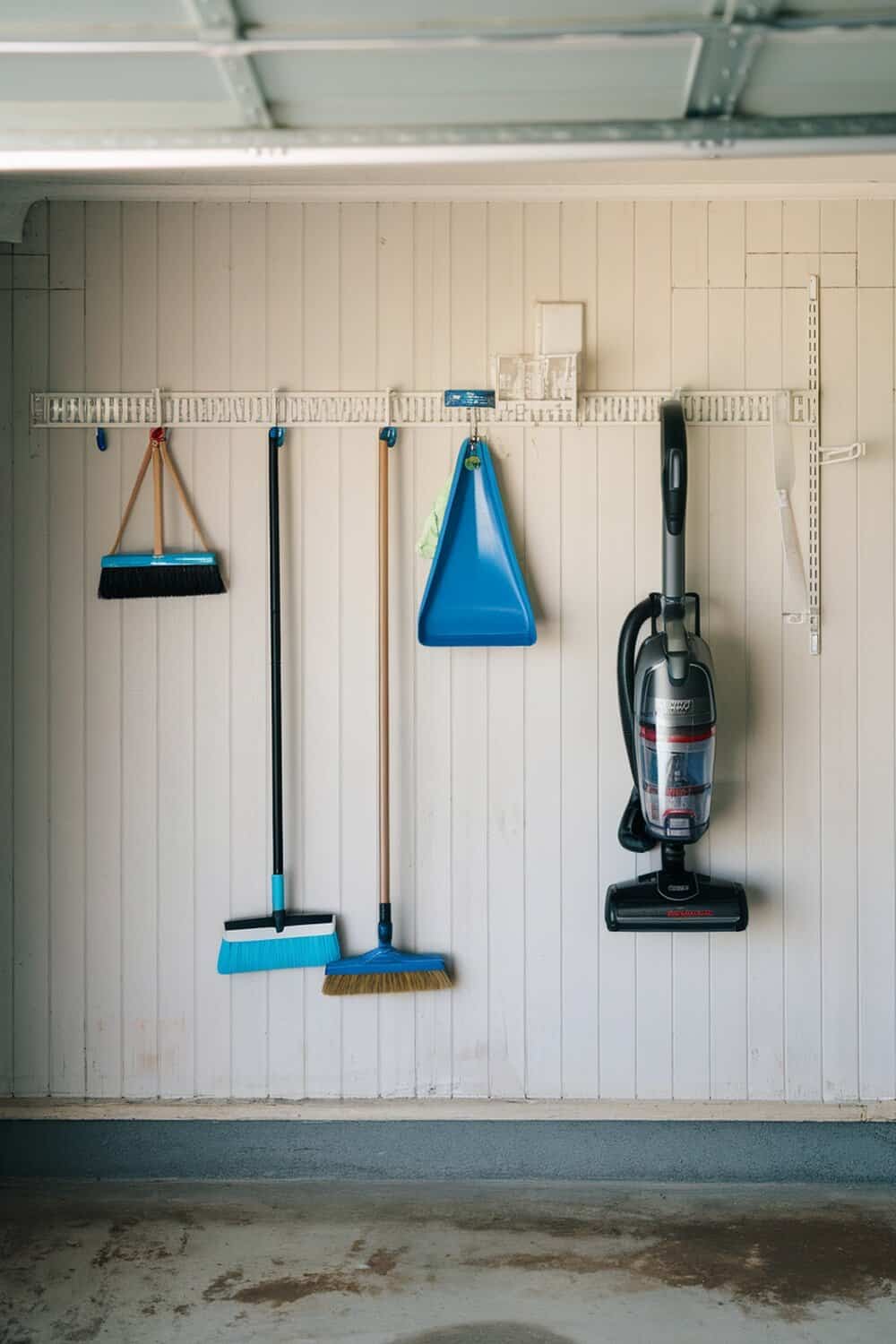 A vacuum cleaner and cleaning tools hanging on a wall with hooks.