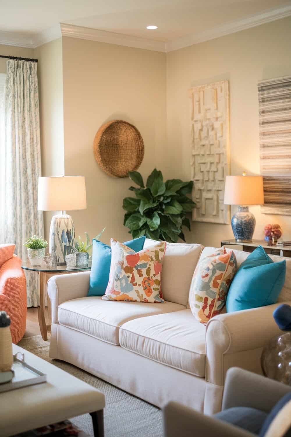 A cozy living room with colorful accent pillows on a light sofa.